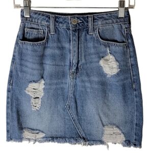 Hollister high waisted distressed blue denim mini skirt size 0  Cutoff Frayed